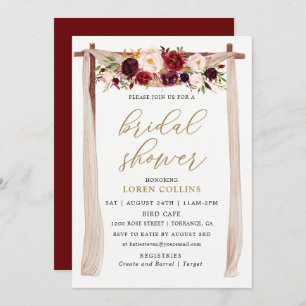 Marsala Burgundy Floral Arch Boho Bridal Shower Invitation