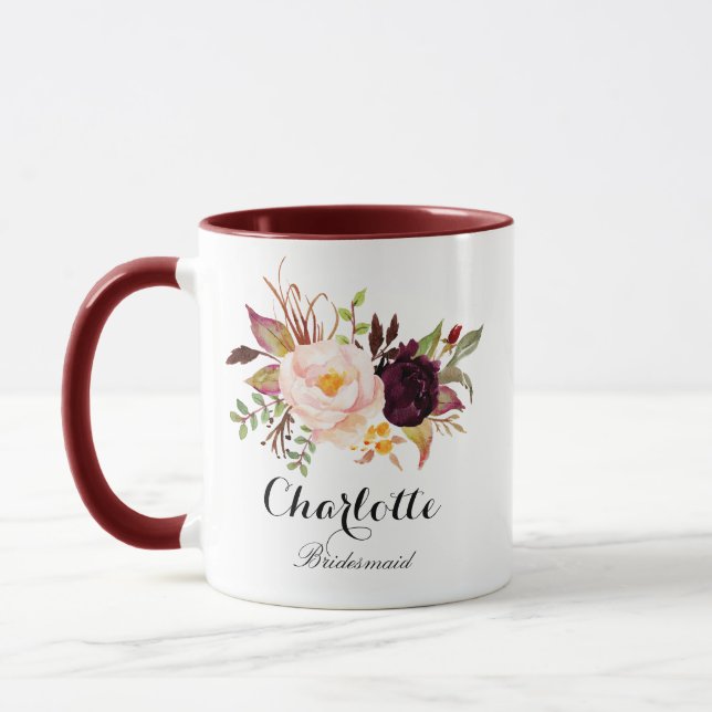 Marsala burgundy Floral bridesmaid Mug (Left)