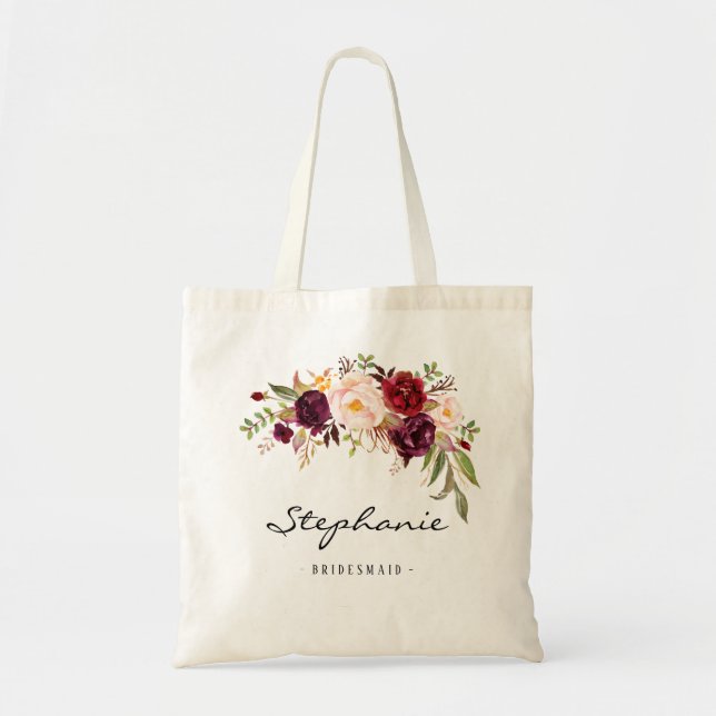 Marsala burgundy floral Bridesmaid Personalised Tote Bag (Front)