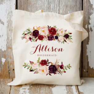 Marsala burgundy floral Bridesmaid Personalised Tote Bag