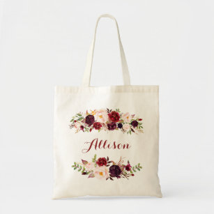 Marsala burgundy floral Bridesmaid Personalized Tote Bag