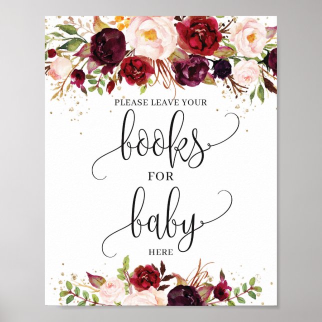 Marsala burgundy floral gold books for baby sign (Front)