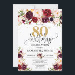 Marsala burgundy floral gold glitter 80th birthday invitation<br><div class="desc">For a truly elegant and sophisticated 50th birthday celebration, consider a marsala and burgundy floral design with touches of gold glitter. This combination exudes a sense of luxury and celebration, making it perfect for a milestone event like a 50th birthday. The deep red hues of marsala and burgundy bring a...</div>