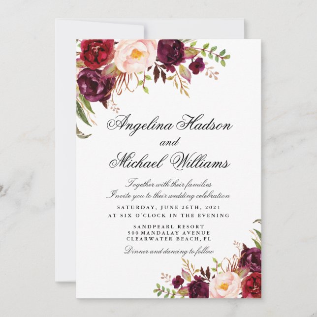 Marsala burgundy floral invitation (Front)