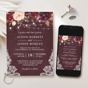 Marsala Burgundy Floral Lace String Lights Wedding Invitation
