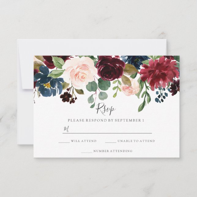 Marsala Burgundy Floral Modern Spring Wedding RSVP Card (Front)