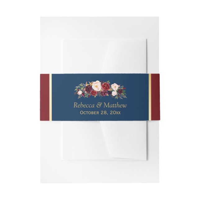 Marsala Burgundy Floral Navy Blue Gold Wedding Invitation Belly Band (Front Example)