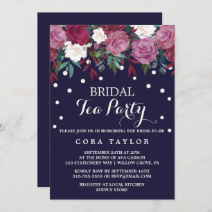 Marsala & Burgundy Floral on Navy Bridal Tea Party Invitation