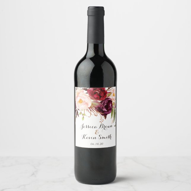 Marsala Burgundy Floral Personalised Wedding-3 Wine Label (Front)