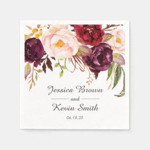 Marsala Burgundy Floral Personalized Wedding Napkin