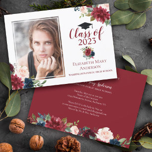Marsala Burgundy Floral Photo Graduation Announcement