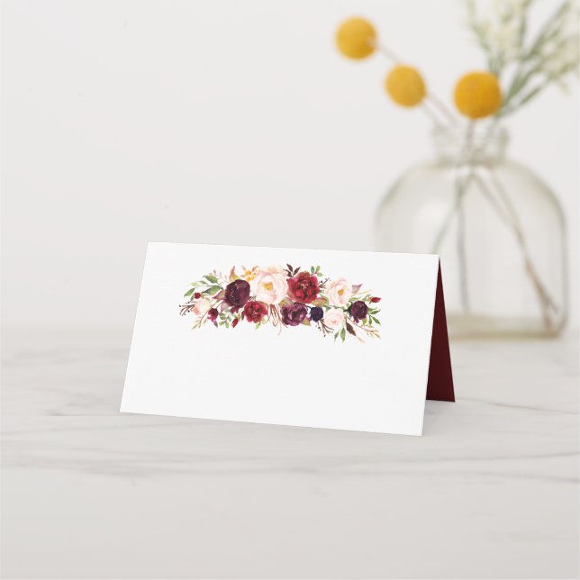 Marsala Burgundy Floral Wedding Folded Place Card (Front)