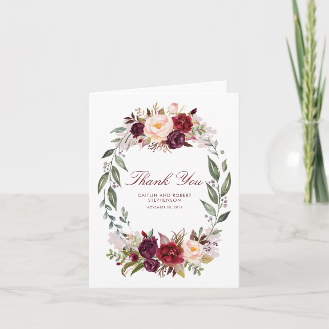 Marsala Burgundy Floral Wedding Thank You Card (Front)