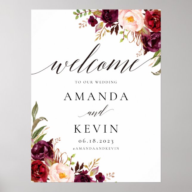 Marsala burgundy Floral Wedding Welcome Sign (Front)