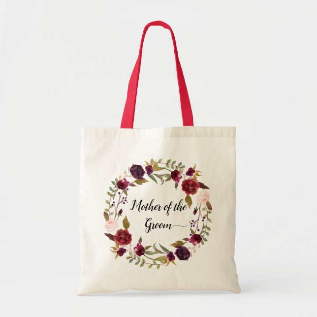 Marsala Burgundy Floral Wreath Mother of Groom Tote Bag (Front)