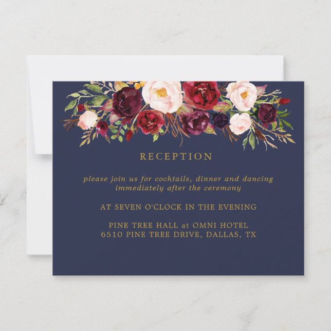 Marsala Burgundy Flowers Wedding Reception Card (Front)