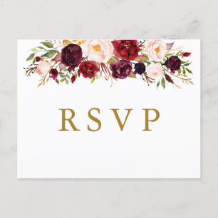 Marsala Burgundy Flowers Wedding RSVP Postcard
