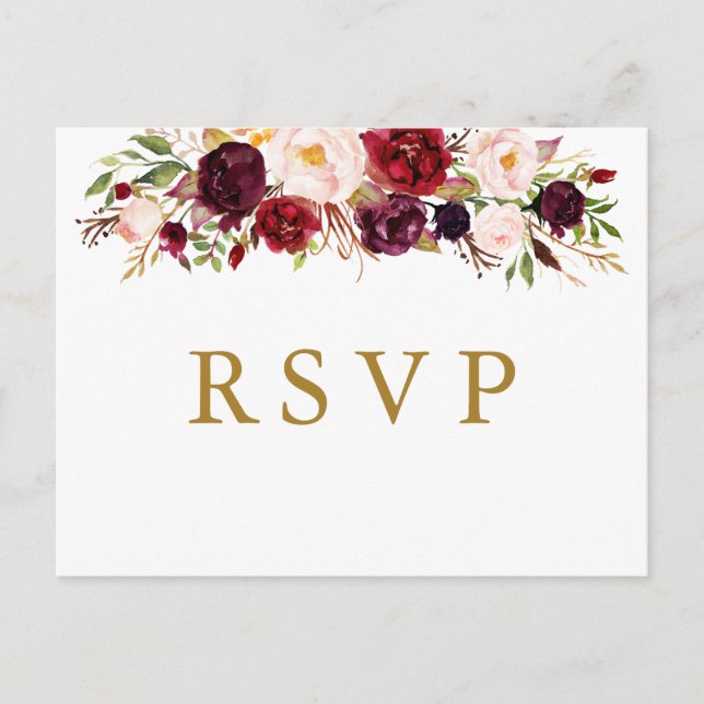 Marsala Burgundy Flowers Wedding RSVP Postcard (Front)