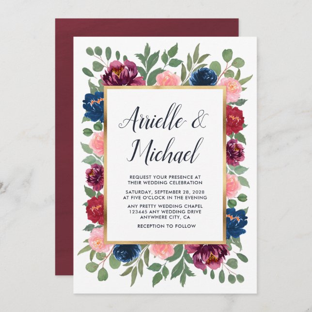 Marsala Burgundy Navy Blue Gold Blush Fall Wedding Invitation (Front/Back)