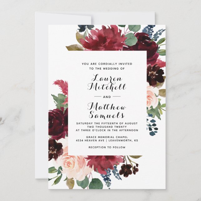 Marsala Burgundy Navy Wedding Invitation (Front)
