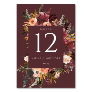 Marsala Burgundy Peach Watercolor Floral Table Number