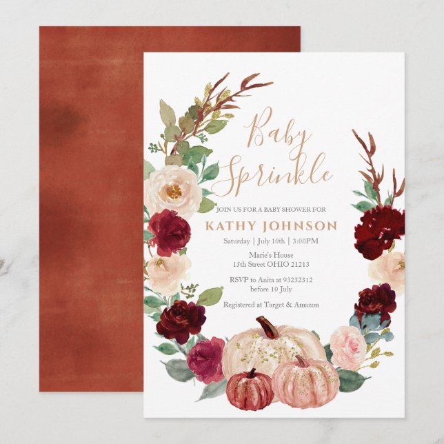 Marsala Burgundy Pumpkin Baby Sprinkle Invitation (Front/Back)
