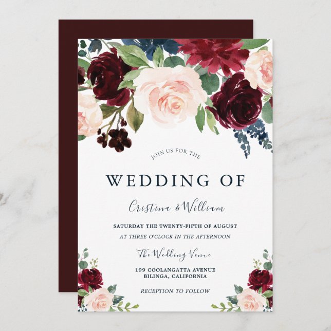 Marsala Burgundy Red & Blush Floral Wedding Invitation (Front/Back)