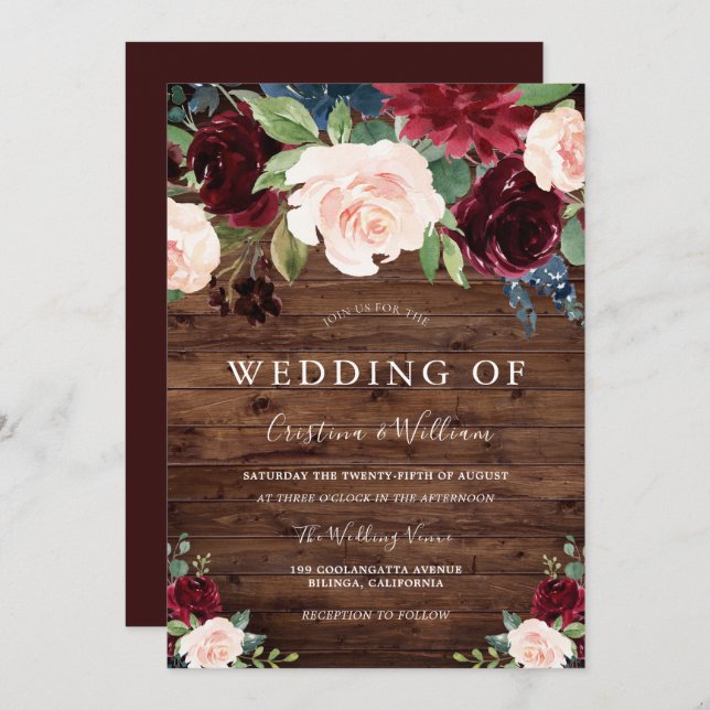 Marsala Burgundy Red & Blush Rustic Wedding Invitation (Front/Back)