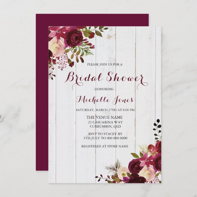 Marsala Burgundy Red Floral Rustic Bridal Shower Invitation (Front/Back)