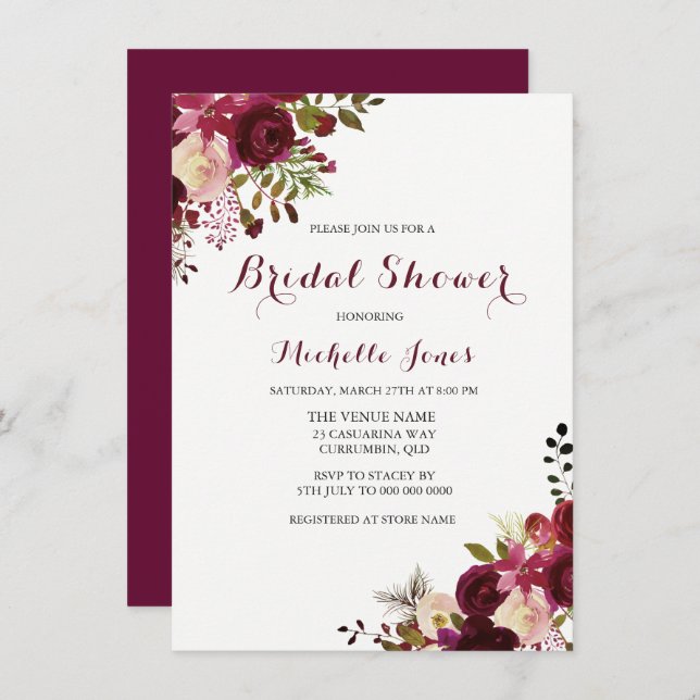 Marsala Burgundy Red Floral Spring Bridal Shower Invitation (Front/Back)