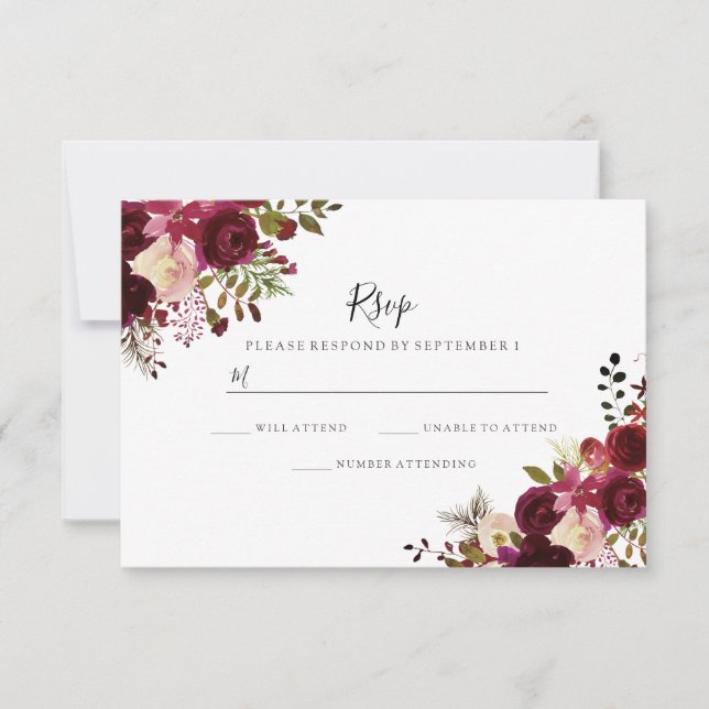 Marsala Burgundy Red Floral Wedding RSVP (Front)