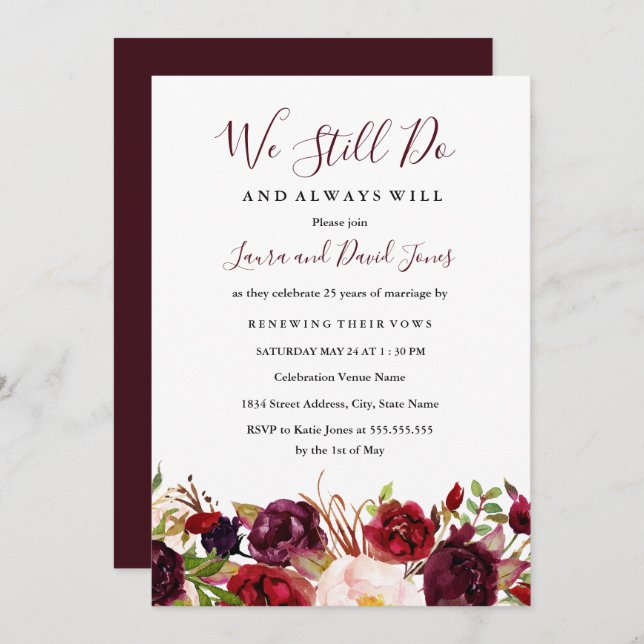 Marsala Burgundy Red Floral Wedding Vow Renewal Invitation (Front/Back)