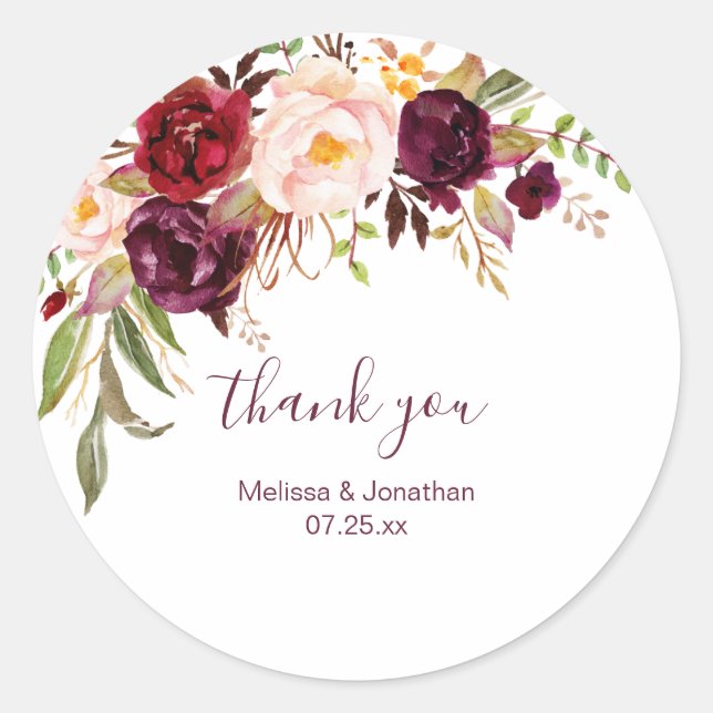Marsala Burgundy Red Pink Floral Thank You Classic Round Sticker (Front)