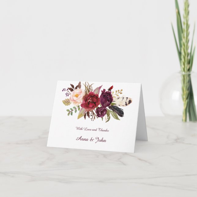 Marsala, Burgundy, Red, White Roses Boho Thank You Card (Front)