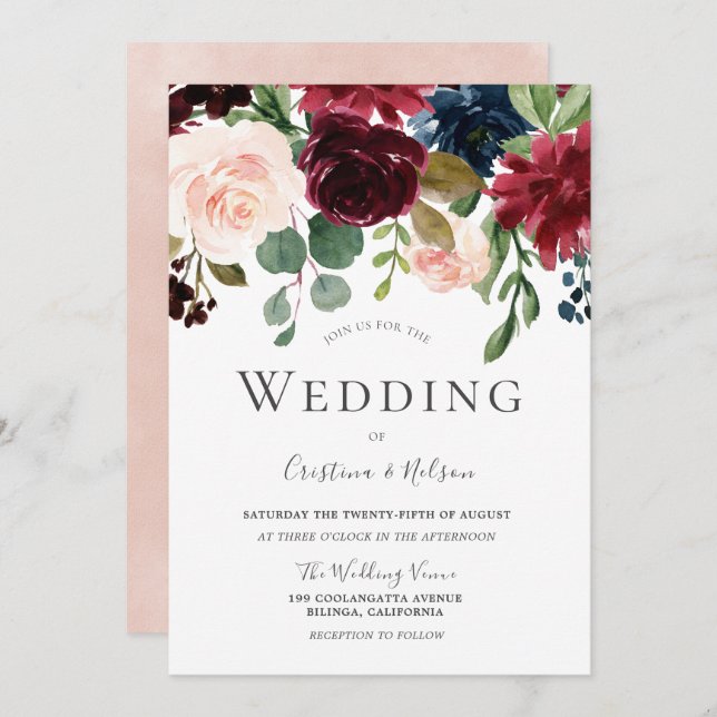 Marsala Burgundy Red Wine Blush Floral Wedding Invitation (Front/Back)