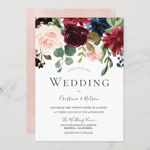 Marsala Burgundy Red Wine Blush Floral Wedding Invitation