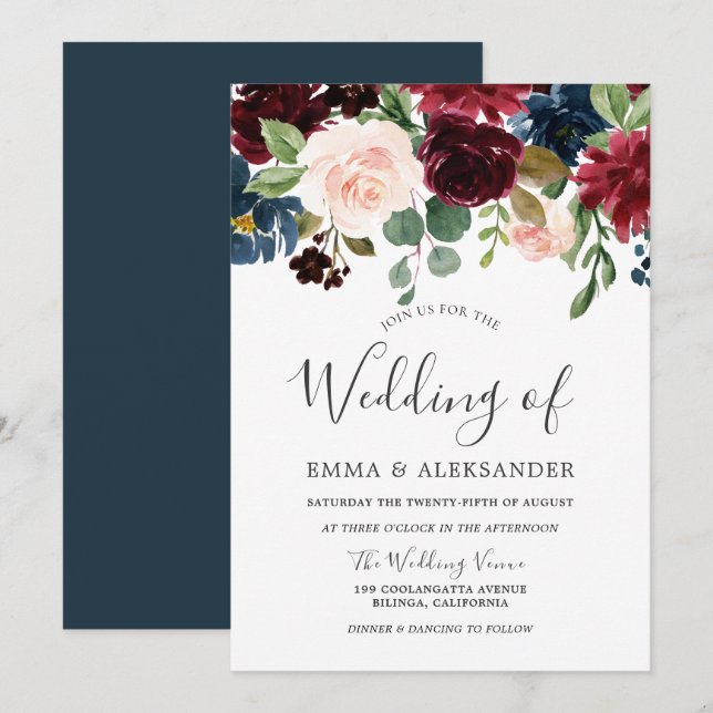 Marsala Burgundy Red Wine Floral Wedding Invite (Front/Back)
