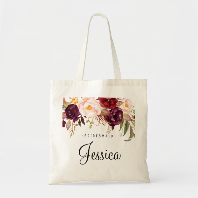 Marsala Burgundy Rustic Floral Bridesmaid Tote Bag (Front)