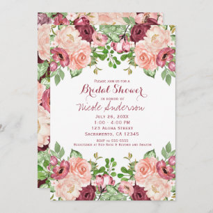 Marsala Burgundy Rustic Floral Glam Bridal Shower Invitation