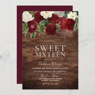Marsala Burgundy Rustic Red Rose Sweet 16 Party Invitation