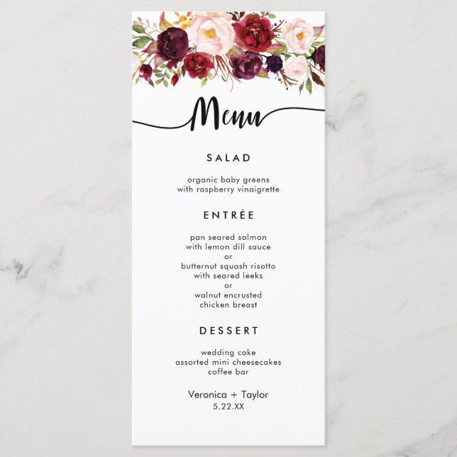Marsala Burgundy Simple 3 course wedding menu (Front)