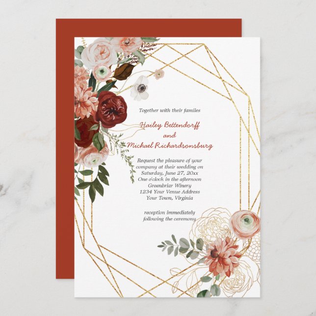 Marsala Burgundy Triple Gold Frame Floral Wedding Invitation (Front/Back)