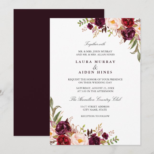 Marsala Burgundy Watercolor Floral Wedding Invitation (Front/Back)