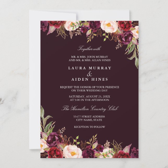 Marsala Burgundy Watercolor Floral Wedding Invitation (Front)