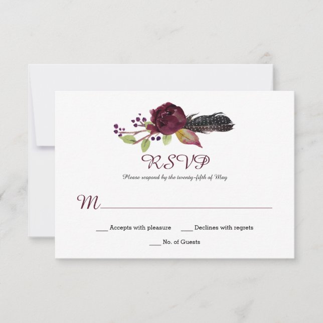 Marsala Burgundy White Red Roses Boho RSVP Card (Front)