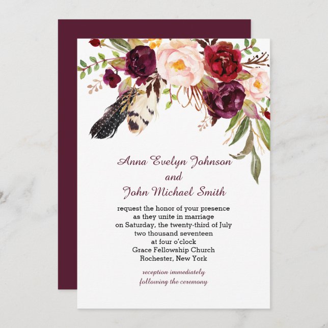 Marsala Burgundy White Roses Feathers Boho Wedding Invitation (Front/Back)