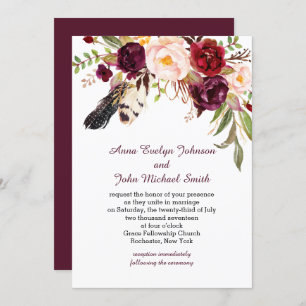 Marsala Burgundy White Roses Feathers Boho Wedding Invitation