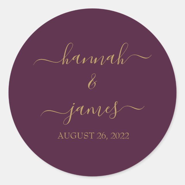 Marsala Burgundy Wine Gold Calligraphy Wedding Classic Round Sticker (Front)