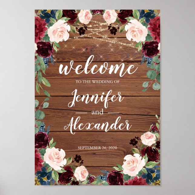 Marsala Burgundy Wood Floral Wedding Welcome Sign (Front)