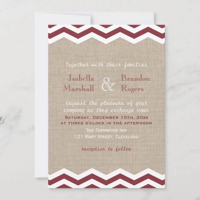Marsala Chevrons on Burlap Wedding Invitation (Front)